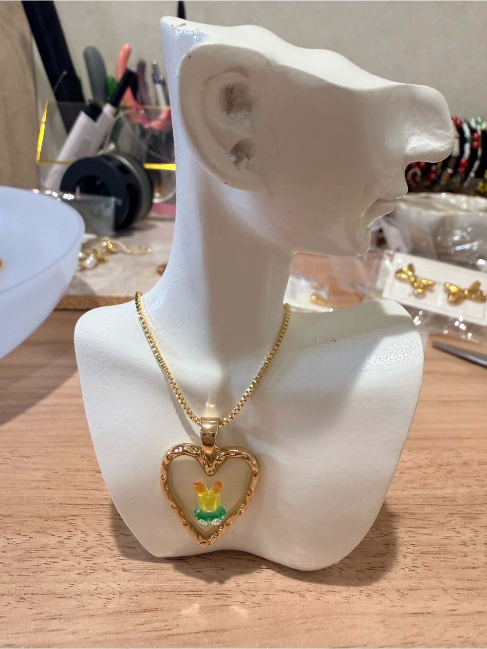 Gold Heart Pendant Necklace with Yellow and Green Enamel Accent
